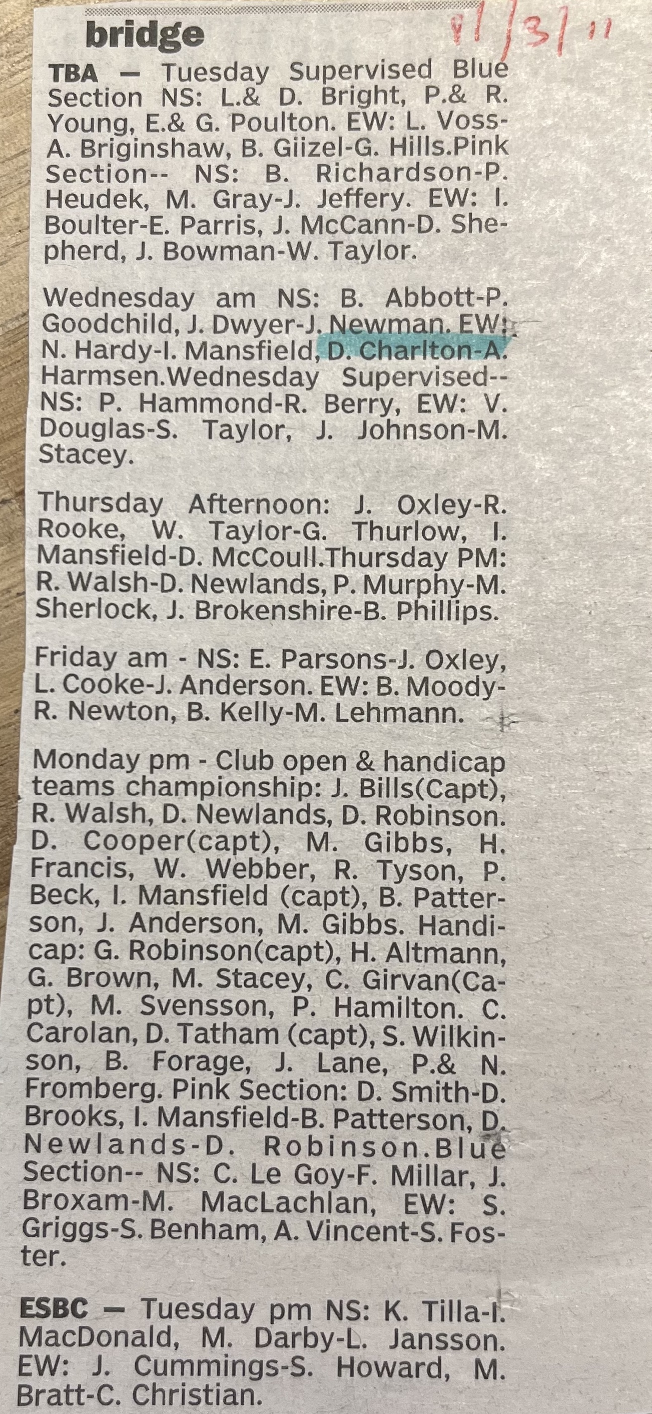 Results in the Mercury March 2011